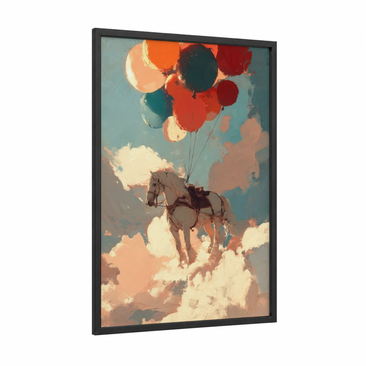 Floating Clydesdale framed clydesdale horse print — black wood frame — orange and teal palette
