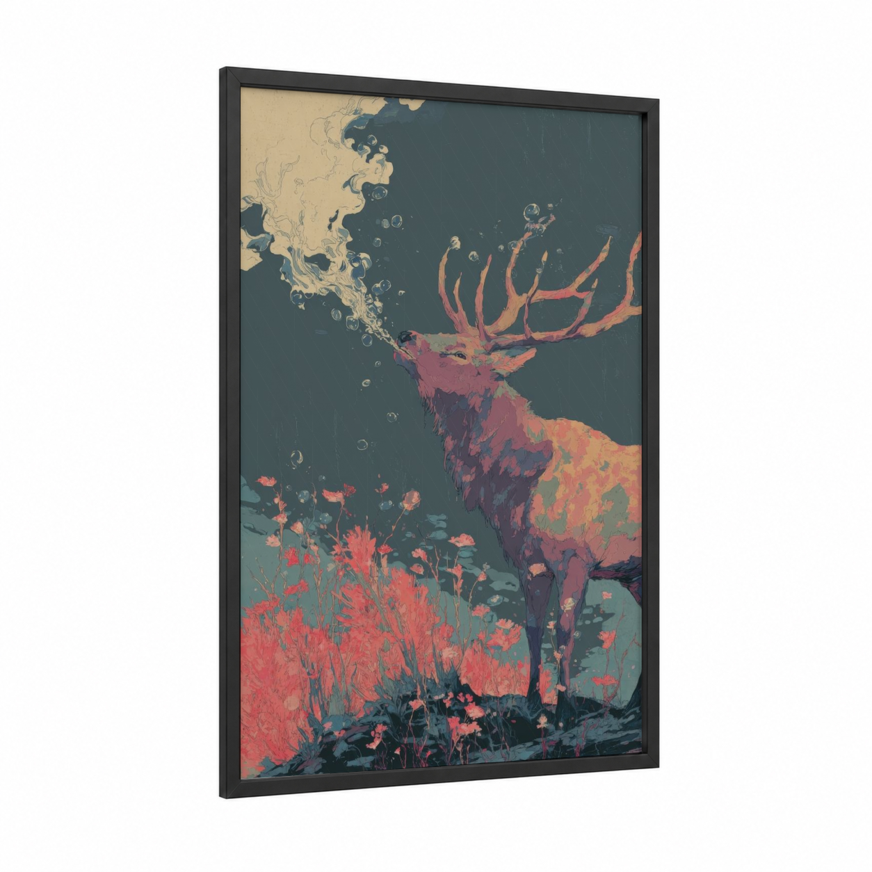 Autumn Elk framed art print — black wood frame — rose gold and teal palette