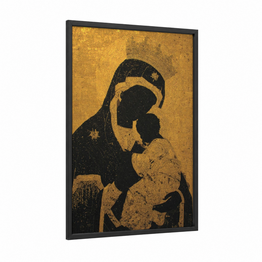 Madonna Golden Reverence framed virgin mary print — black wood frame — gold and black palette