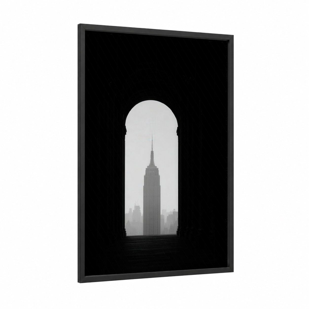 Framed Manhattan framed empire state building print — black wood frame — black and white and gray palette