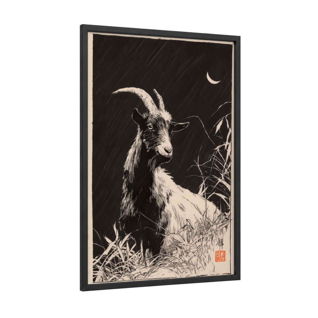 Moonlit Goat framed art print — black wood frame — black and white palette