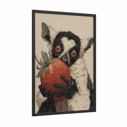Strawberry Lemur framed art print — black wood frame — beige and black and white palette