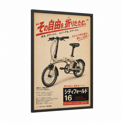 Vintage Japanese Bicycle Ad Wall Art framed art print — black wood frame — beige and red palette
