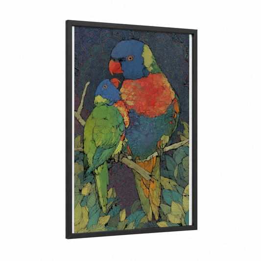Rainbow Lorikeet Pair framed art print — black wood frame — blue and green palette