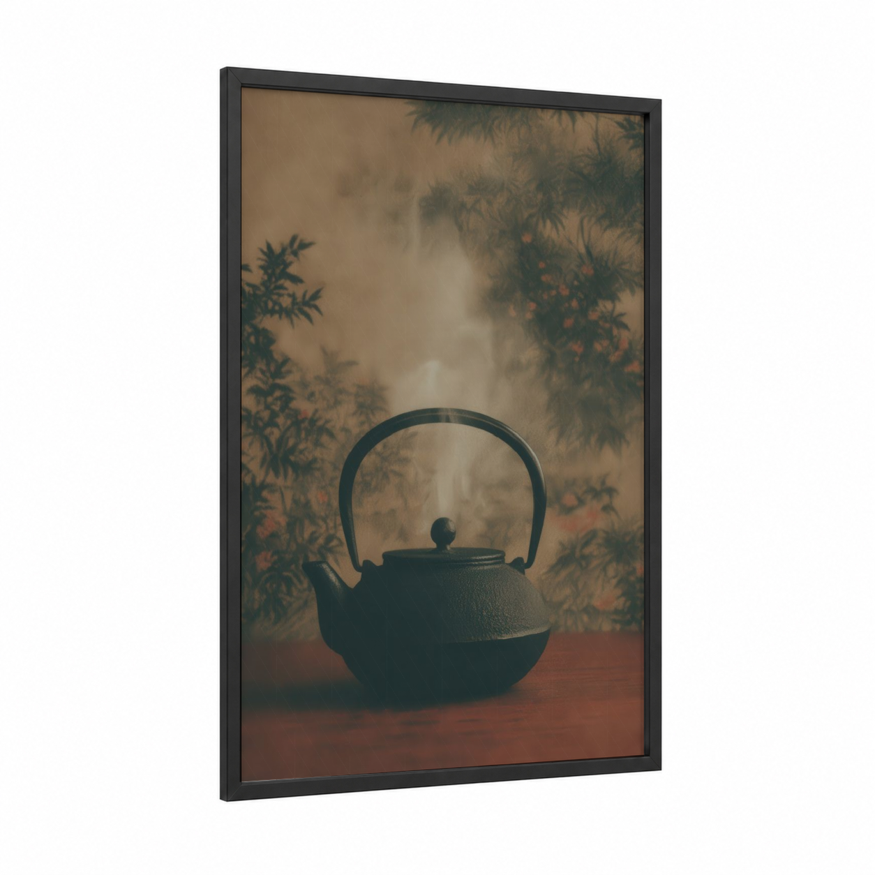 Zen Teapot framed kitchen utensils print — black wood frame — beige and dove gray palette