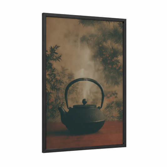 Zen Teapot framed kitchen utensils print — black wood frame — beige and dove gray palette