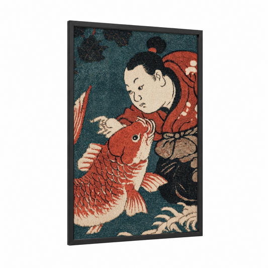 Young Sumo Wrestler framed art print — black wood frame — dark blue and red palette