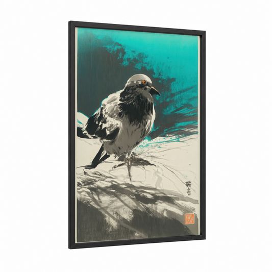 Turquoise Pigeon framed art print — black wood frame — turquoise and black and white palette