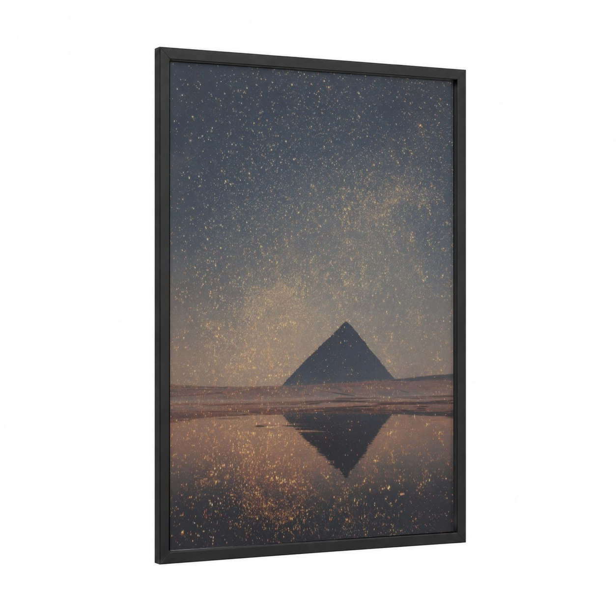 Starlit Pyramid framed great pyramid of giza print — black wood frame — dark blue and gold and white palette