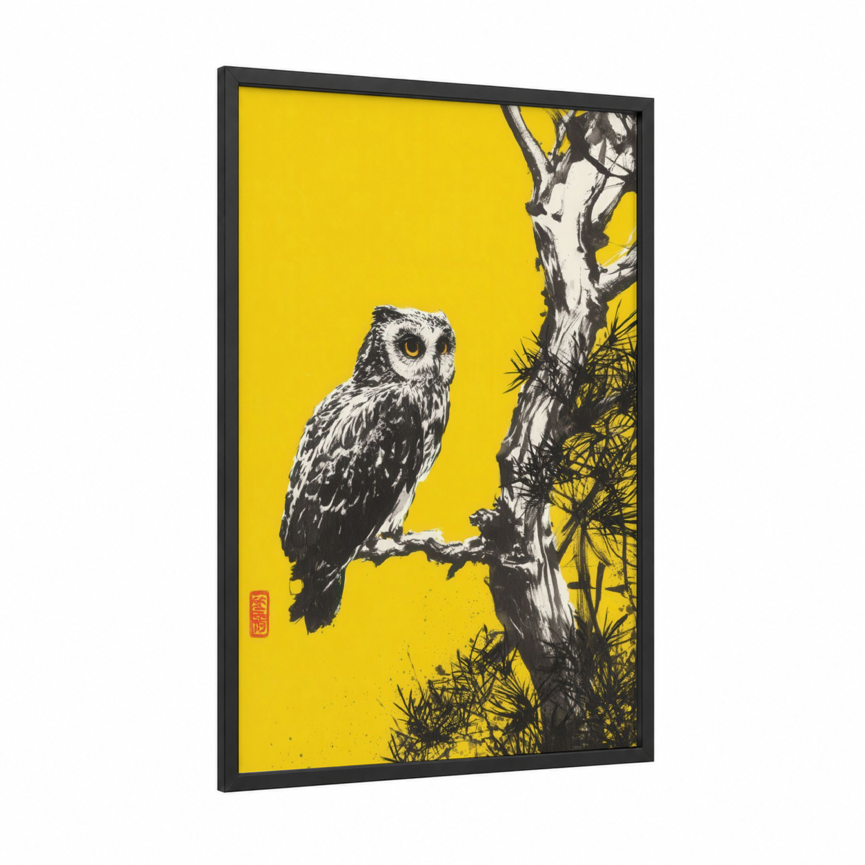 Golden Eyed Owl framed art print — black wood frame — yellow and black and white palette