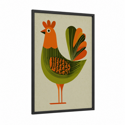 Golden Rooster framed chicken and roosters print — black wood frame — orange and olive palette