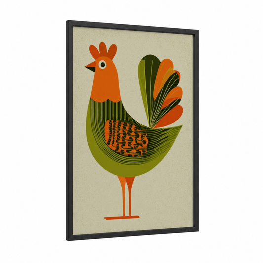 Golden Rooster framed chicken and roosters print — black wood frame — orange and olive palette