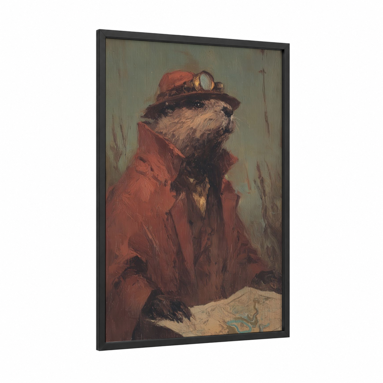 Steampunk Beaver framed art print — black wood frame — brown and sage green palette