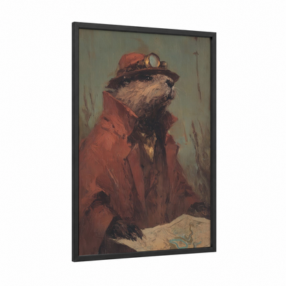 Steampunk Beaver framed art print — black wood frame — brown and sage green palette
