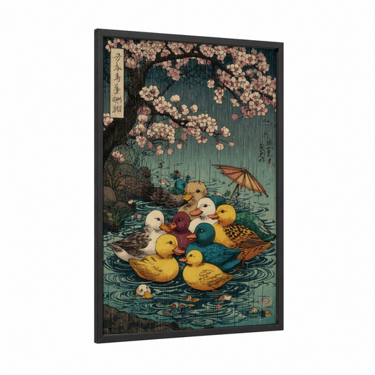 Cherry Blossom Ducks framed art print — black wood frame — teal and peach palette