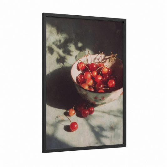 Crimson Cherries Bowl framed sweet print — black wood frame — red and white palette