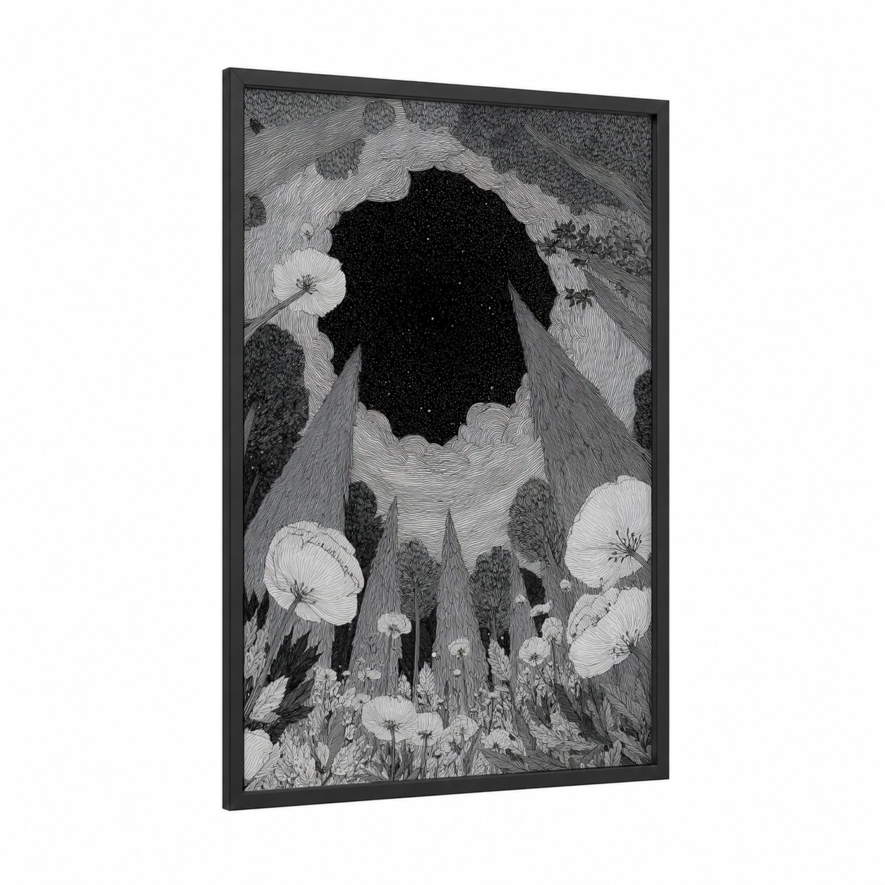 Starlit Meadow framed night sky print — black wood frame — black and white palette