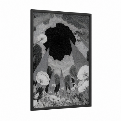 Starlit Meadow framed night sky print — black wood frame — black and white palette