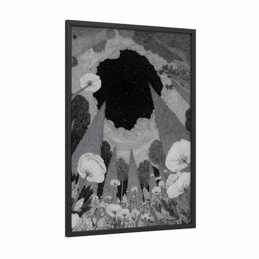 Starlit Meadow framed night sky print — black wood frame — black and white palette