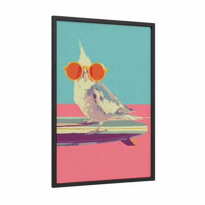 Surfer Cockatiel framed art print — black wood frame — turquoise and pink palette