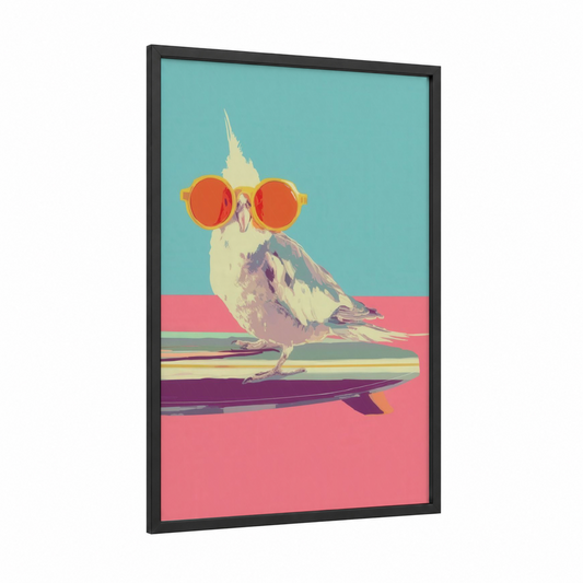 Surfer Cockatiel framed art print — black wood frame — turquoise and pink palette