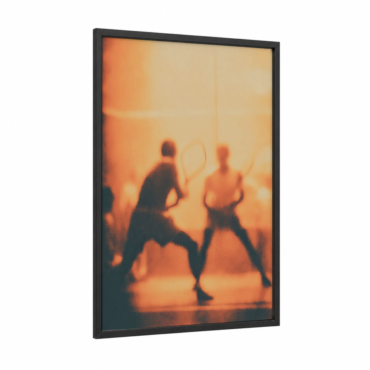 Golden Racquetball Match framed art print — black wood frame — orange and gold palette