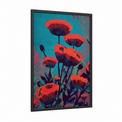 Crimson Poppies framed art print — black wood frame — red and teal palette