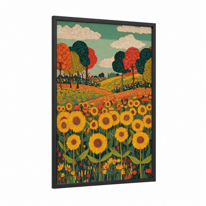 Golden Sunflower Field framed art print — black wood frame — yellow gold and true green palette