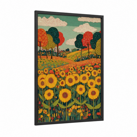 Golden Sunflower Field framed art print — black wood frame — yellow gold and true green palette