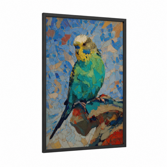 Emerald Budgie framed budgeridar print — black wood frame — blue and green palette