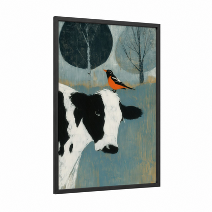 Winter Hereford framed hereford cow print — black wood frame — blue and white and gray palette