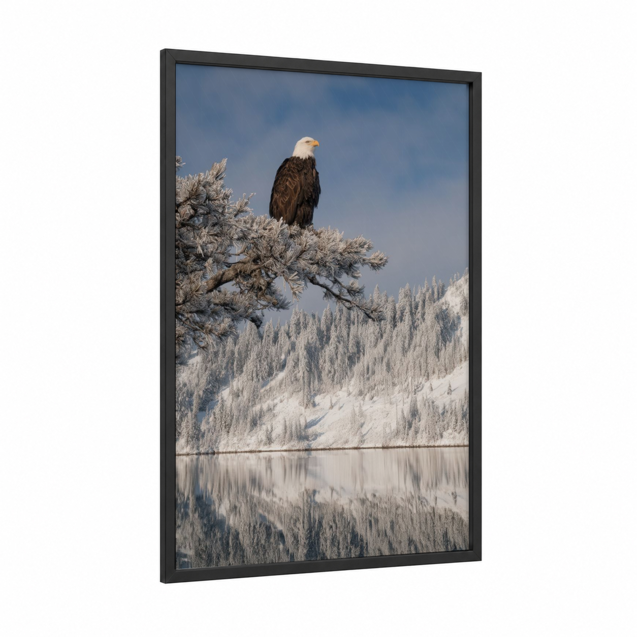Snowy Eagle Majesty framed art print — black wood frame — blue and white and brown palette