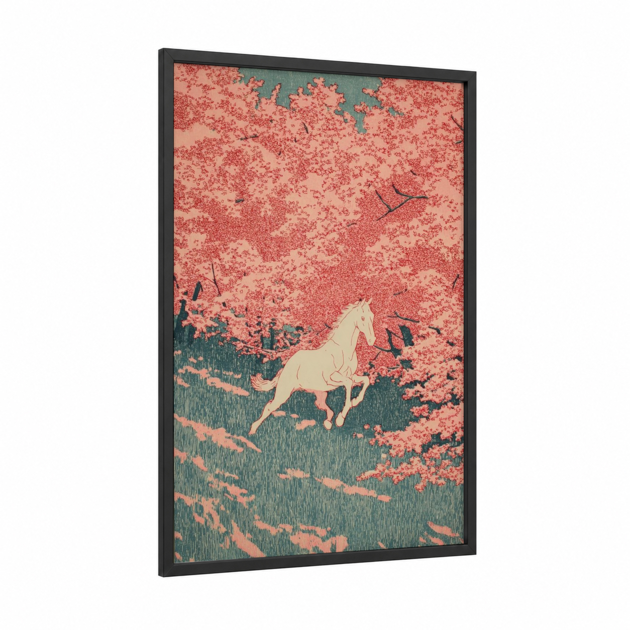 Blossoming Horse Run framed horse racing print — black wood frame — salmon pink and bermuda gray palette
