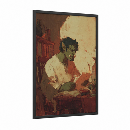 Contemplative Orc framed art print — black wood frame — russet and maroon palette