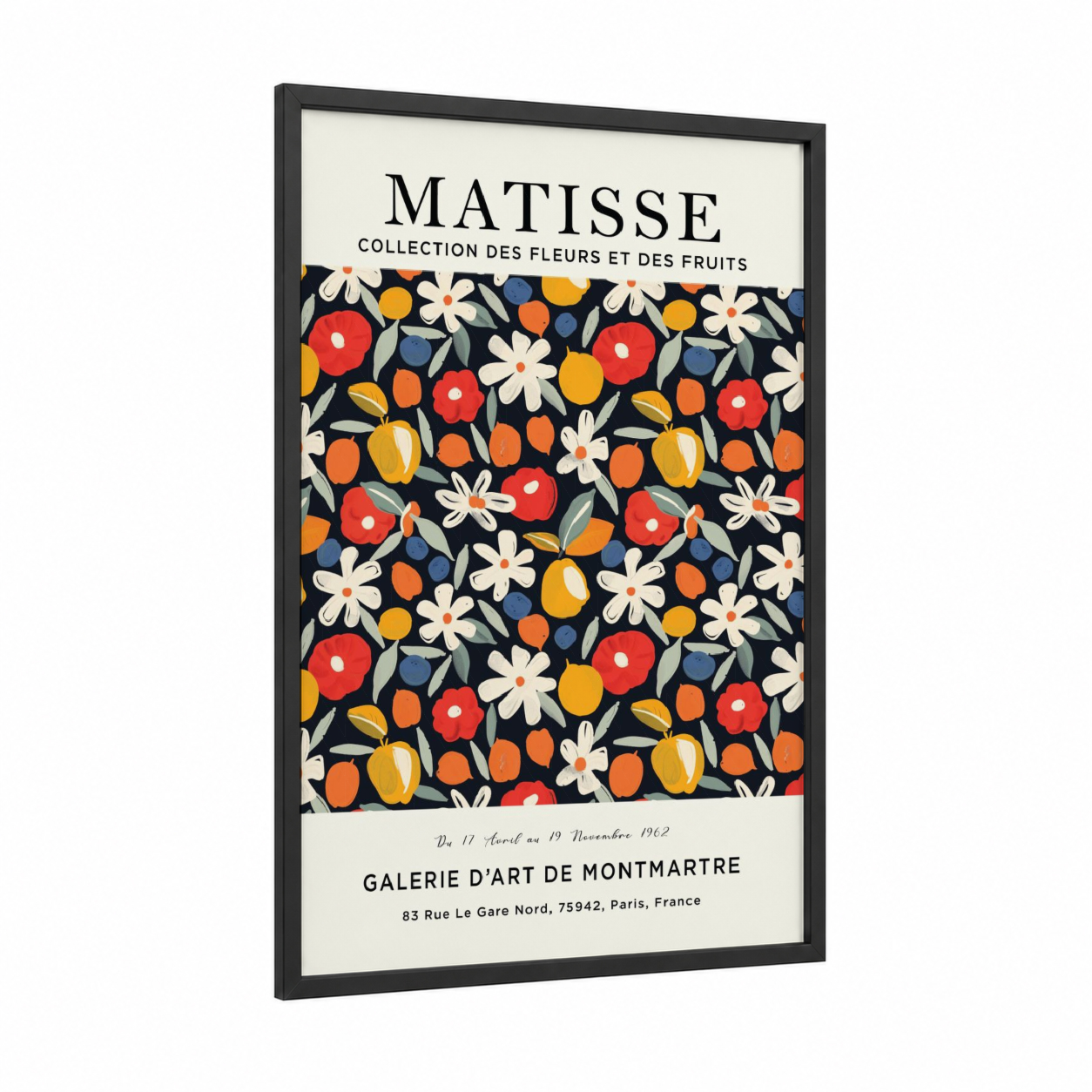 Matisse Floral Abundance framed abstract flower print — black wood frame — red and gold palette