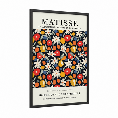 Matisse Floral Abundance framed abstract flower print — black wood frame — red and gold palette