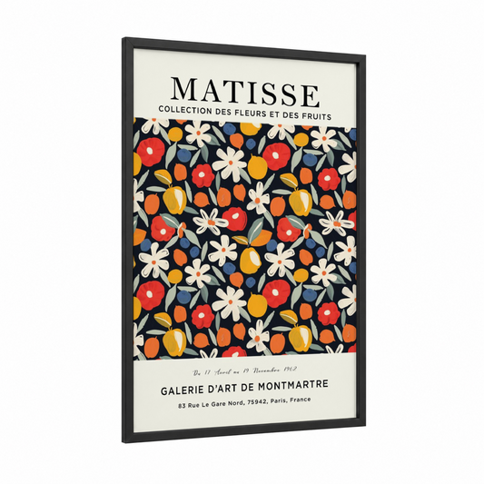 Matisse Floral Abundance framed abstract flower print — black wood frame — red and gold palette