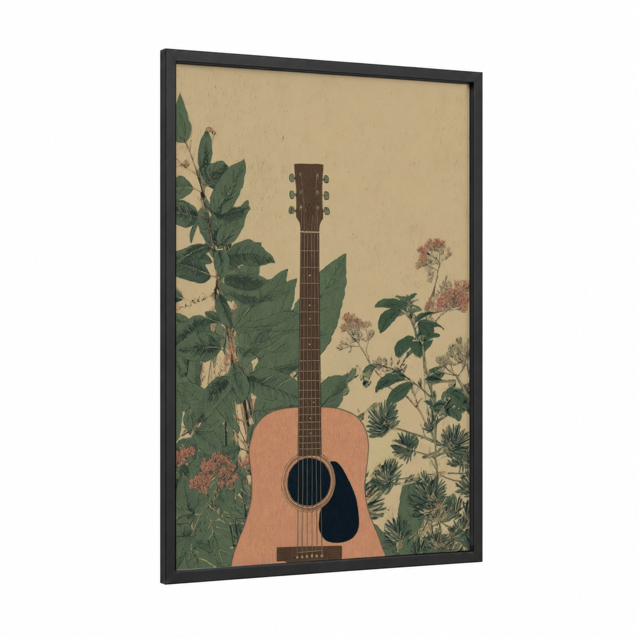 Botanical Guitar framed acoustic guitar print — black wood frame — cream and sage green palette