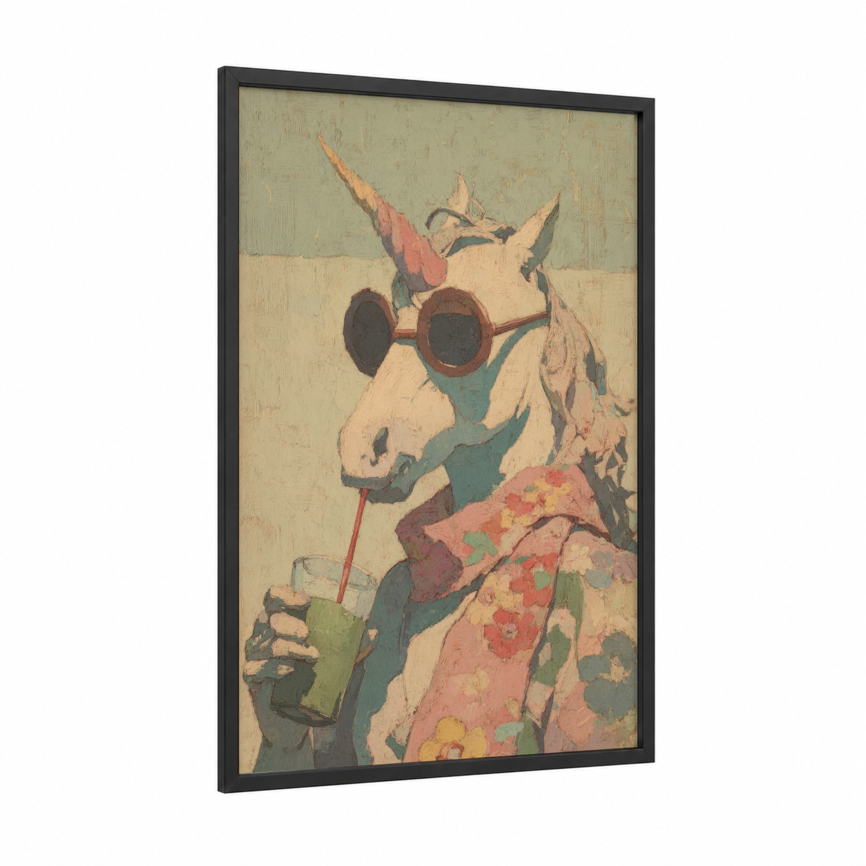Sunglasses Unicorn framed unicorns print — black wood frame — cream and sage green palette