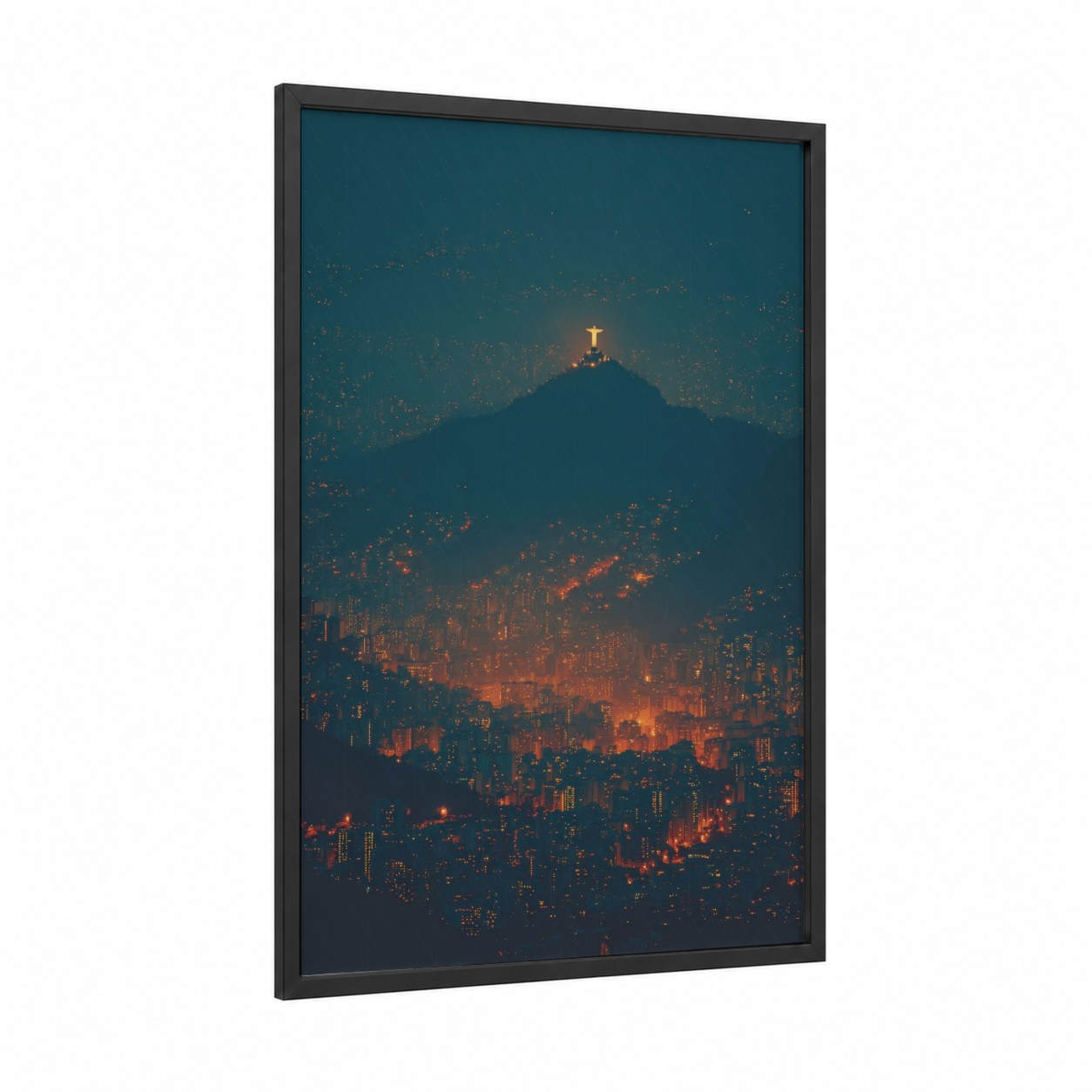 Rio Night Monument framed monuments print — black wood frame — dark blue and gold palette