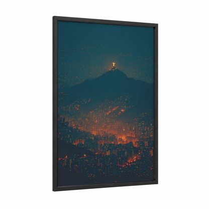Rio Night Monument framed monuments print — black wood frame — dark blue and gold palette