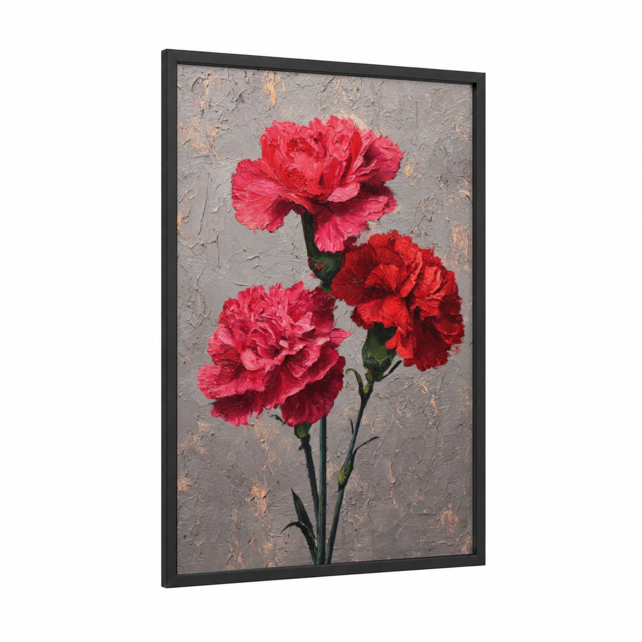 Crimson Carnation Trio framed carnations print — black wood frame — red and gray palette