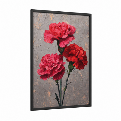 Crimson Carnation Trio framed carnations print — black wood frame — red and gray palette