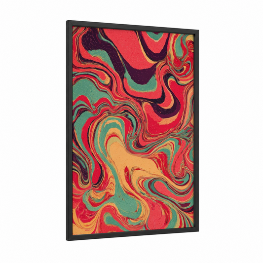 Crimson Swirl Sweet framed art print — black wood frame — red and teal palette