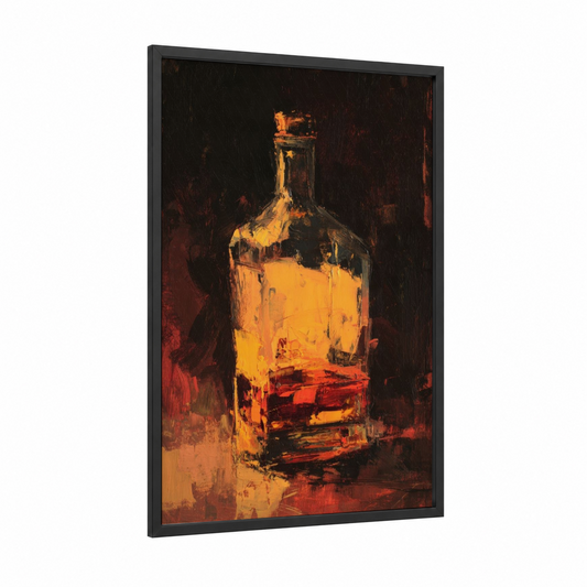 Golden Whiskey Pour framed art print — black wood frame — gold and maroon palette