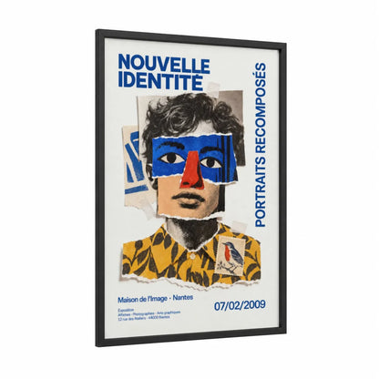 Cubist Portrait Collage Wall Art framed abstract expressionism print — black wood frame — blue and yellow palette