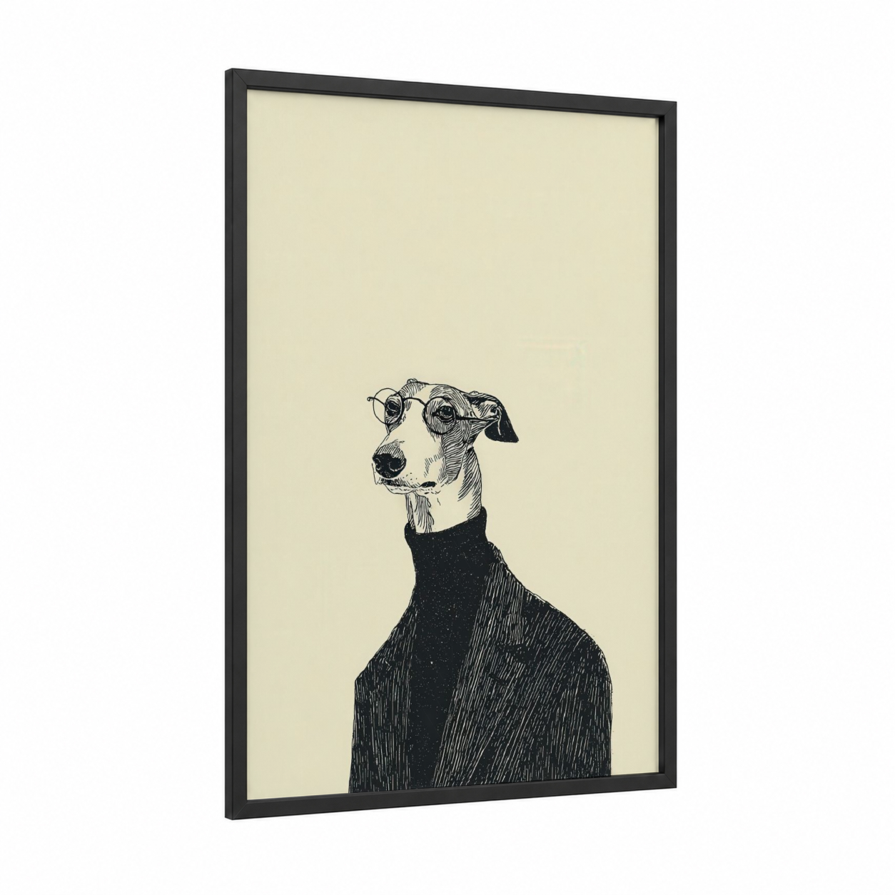 Scholarly Canine framed fashion illustration print — black wood frame — black and white and cream palette