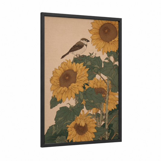 Goldfinch Sunflowers framed sunflower field print — black wood frame — yellow gold and true green palette