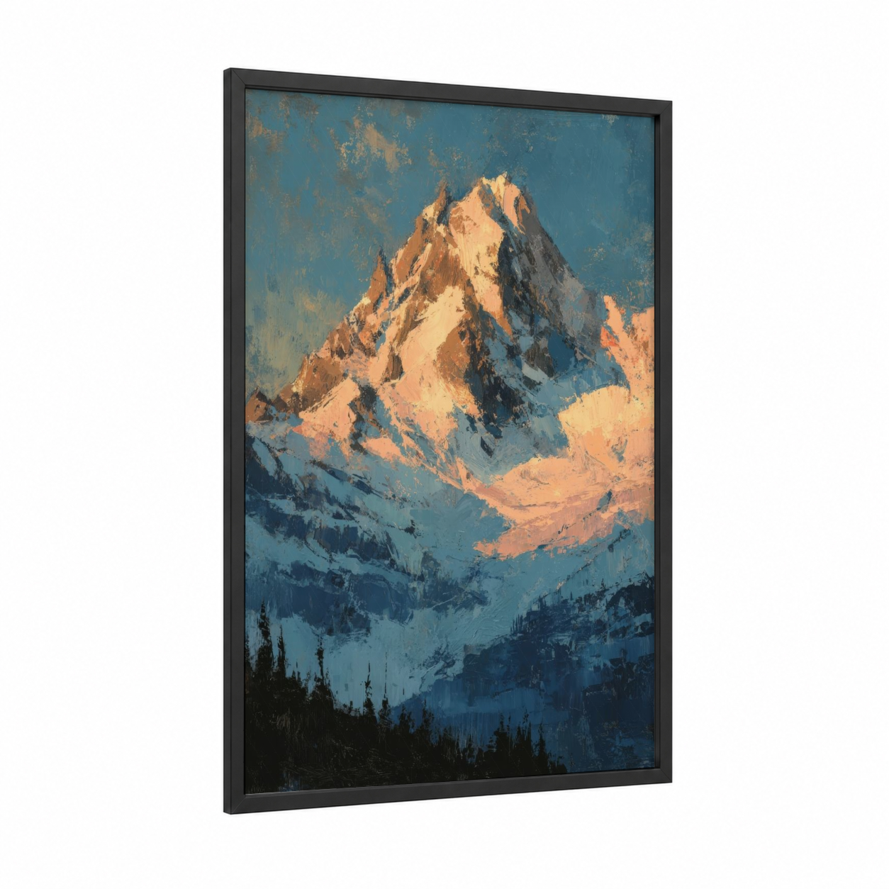 Golden Peak Sunrise framed snowy mountains print — black wood frame — blue and gold palette
