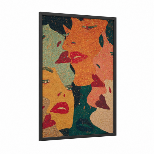 Retro Lips Mosaic framed art print — black wood frame — red and orange palette